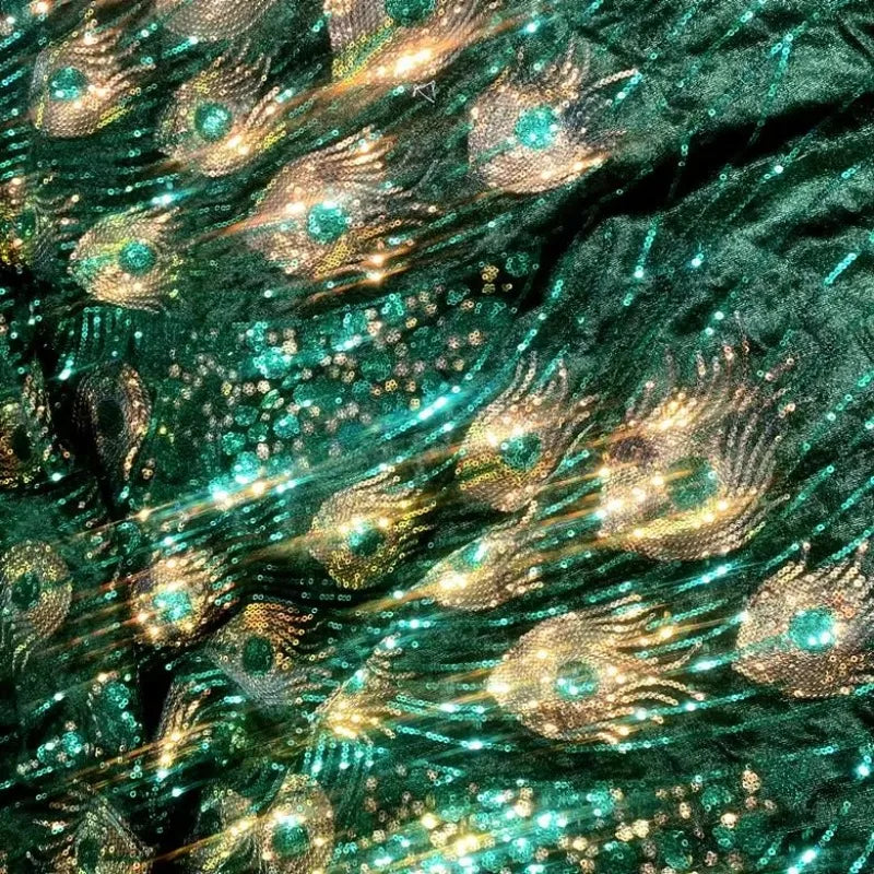 Tela de encaje bordado de terciopelo brillante con plumas de pavo real para vestidos de novia, vestidos de actuación, rollo de tela brillante para manualidades.