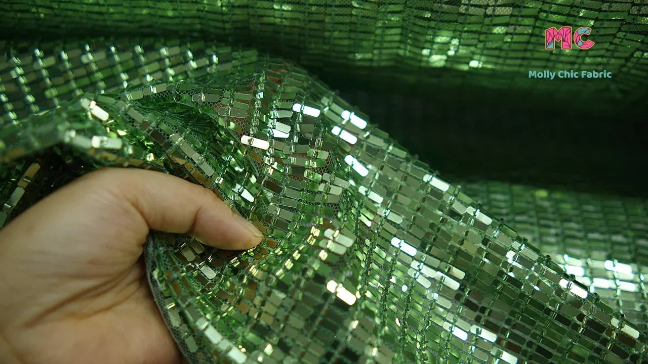 قماش شبكي مستطيل مزين بالترتر - خامة فستان سهرة لامع 118 سم