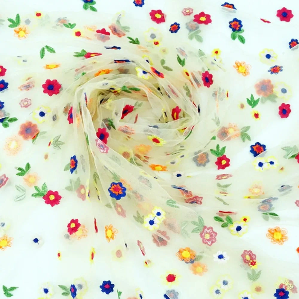 مبيعات المصنع، أقمشة دانتيل جديدة ملونة بنقشة زهور صغيرة، أقمشة تطريز، أقمشة خياطة راقية بنقشة زهور ملونة