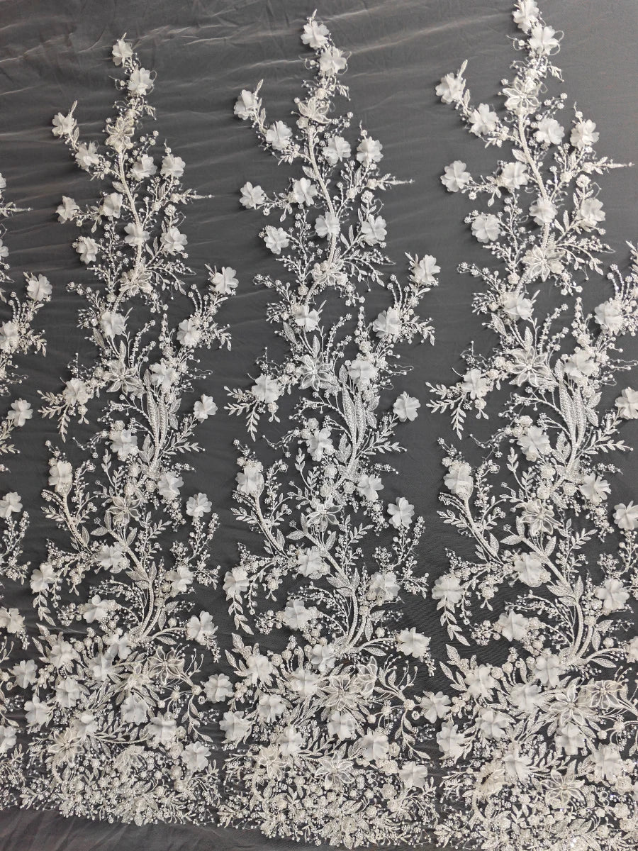 Tela con bordado de encaje, para vestido de novia, velo, cortina de puerta, mantel, con cuentas de perlas y flores de hoja nueva