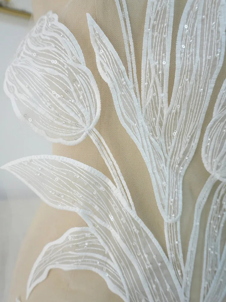 Parche de tela con flores de encaje de alta calidad con cuentas bordadas y purpurina de tulipán Lanfei, ideal para regalo de boda, material para ropa, accesorios de bricolaje