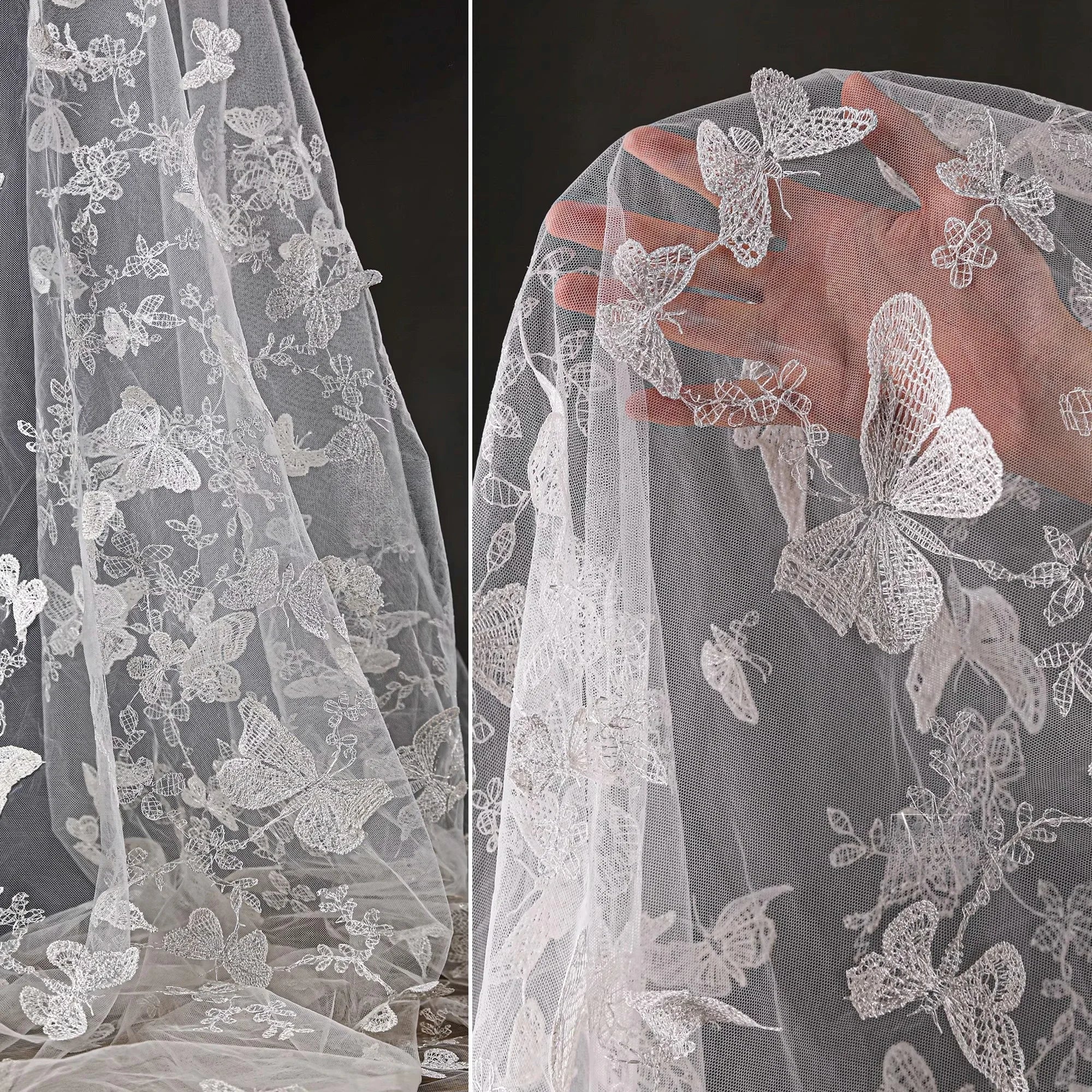 قماش شبكي مطرز يدويًا على شكل فراشة من الدانتيل الزهري ثلاثي الأبعاد لفساتين الزفاف، مادة حرفية للخياطة الإبداعية