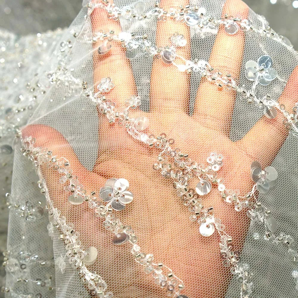 Silver Sequin Beaded Tulle Fabric Sparkle Embroidery Mesh For Evening Dress Bridal Veil Party Decor Luxury Textile Material