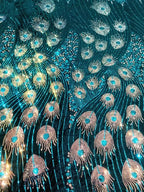 Tela de encaje bordado de terciopelo brillante con plumas de pavo real para vestidos de novia, vestidos de actuación, rollo de tela brillante para manualidades.