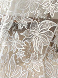 White Bead Embroidered Tulle Lace - Handmade for Bridal Gowns & DIY Décor