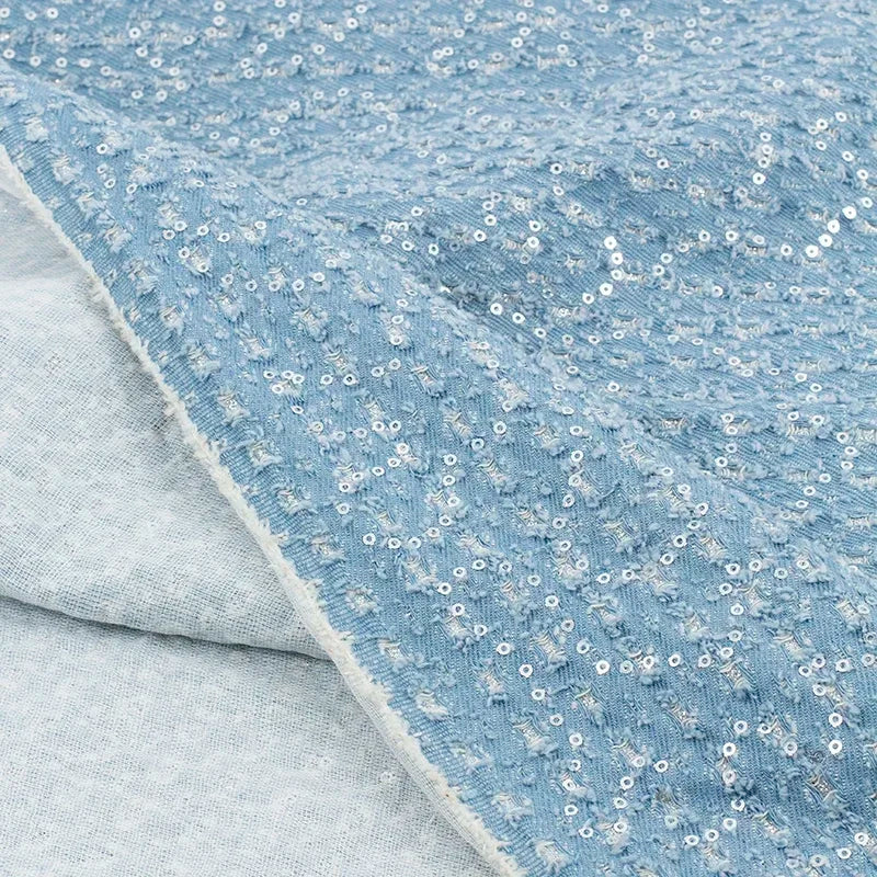Sequined Embroidered Washed Denim Fabric - Thick Material 137cm