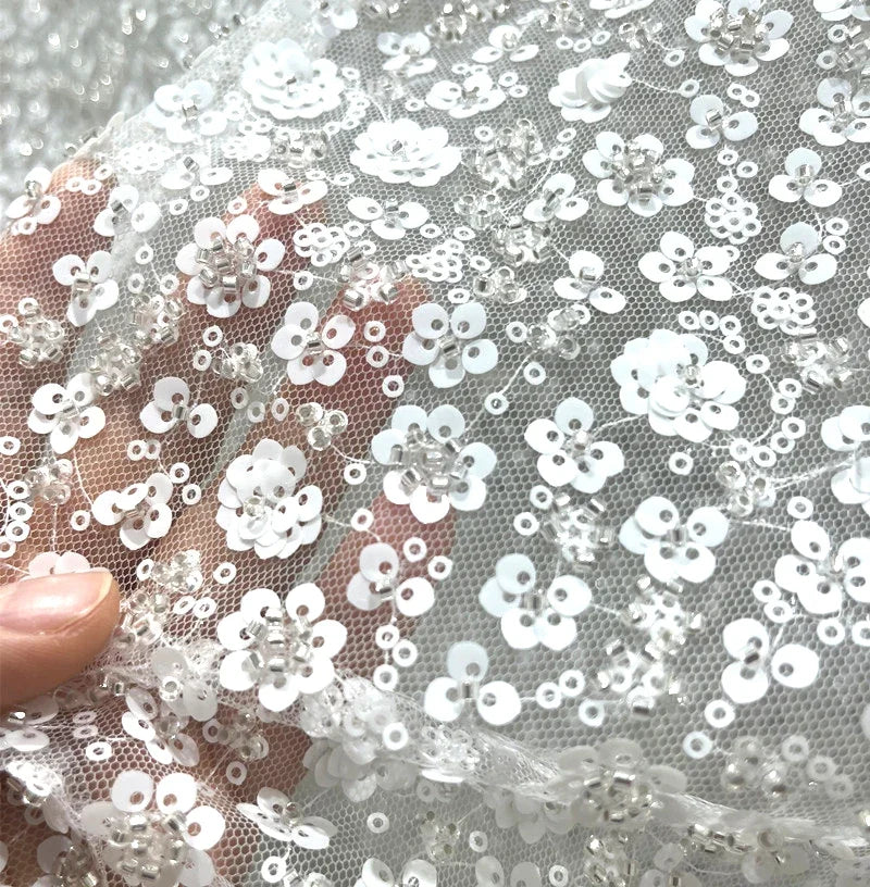 Sequin Flower Mesh Fabric - Elegant Glitter Sheer Material
