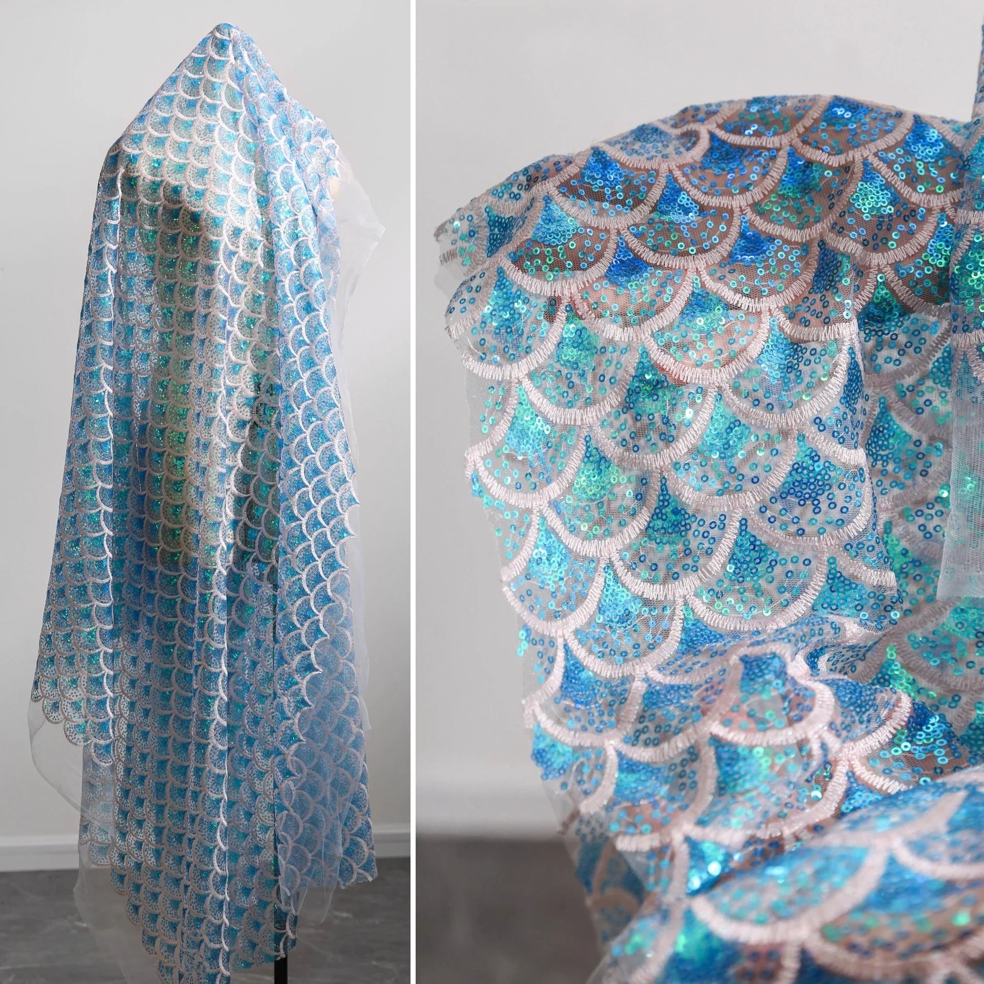 Sparkling Ocean Fish Scale Gradient Laser Embroidery Mesh Fabric DIY Skirt Performance Costume Design Sewing Fabric