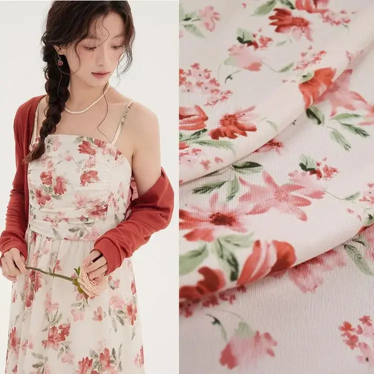 Colorful Corduroy Printed Fabric - Fresh Floral Striped Velvet 145cm