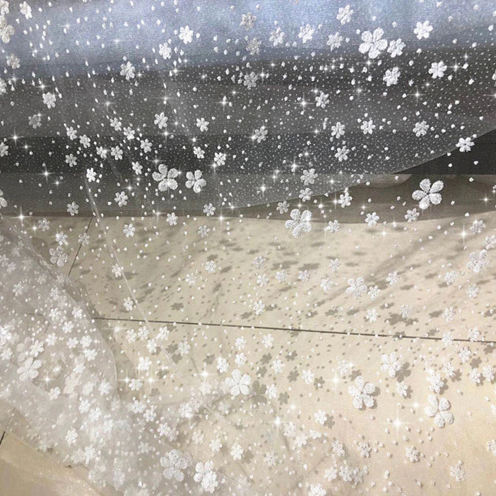 Renewal 3D Snowflake Flower Glitter Silver Spray Transparent Tulle Fabric for Home Decor Wedding Dress Making