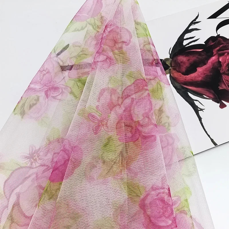 Peony Flower Pattern Hexagonal Mesh Digital Prints Mesh Fabric In Red And Green For Cape Skirts Children's Clothing And Home Use