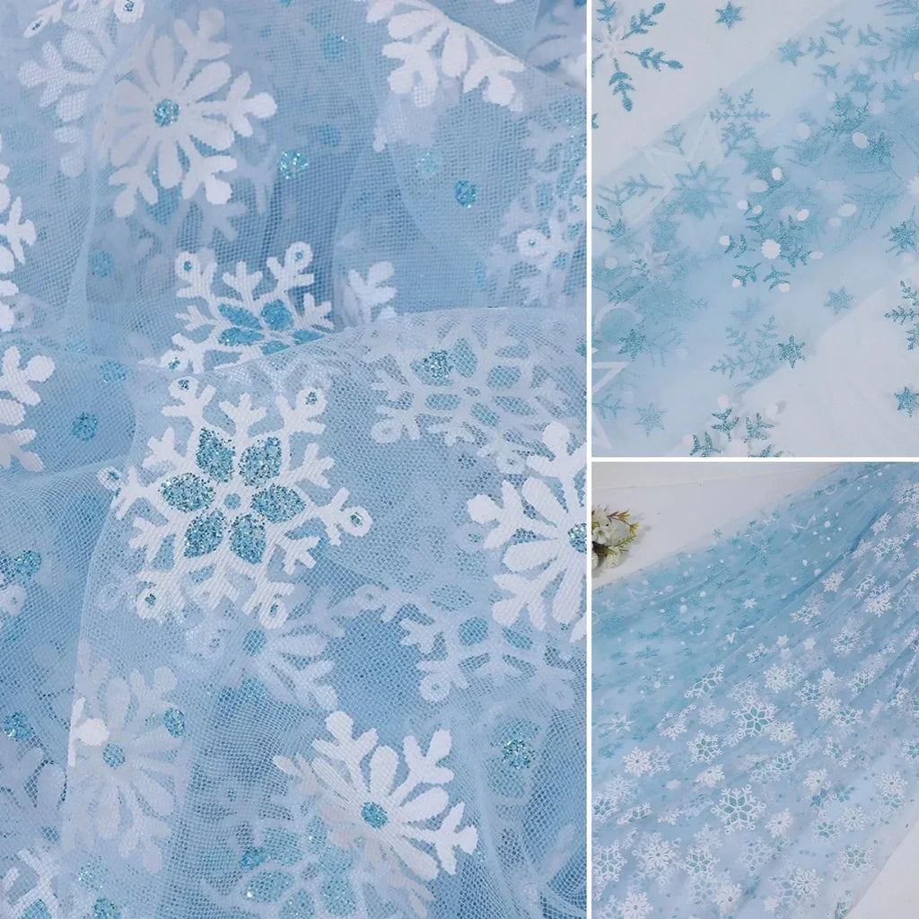 Tela de malla suave con copos de nieve blancos de cristal de hielo, ideal para vestidos infantiles, faldas de fiesta, disfraces de Halloween y proyectos de decoración DIY.