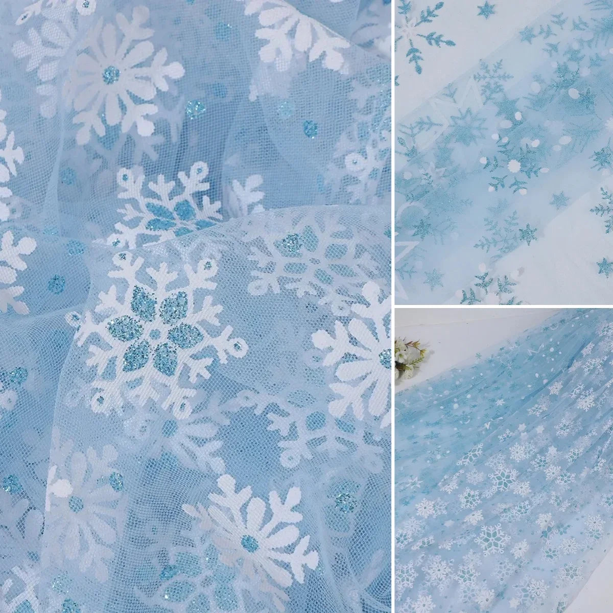 Tela de malla suave con copos de nieve blancos de cristal de hielo, ideal para vestidos infantiles, faldas de fiesta, disfraces de Halloween y proyectos de decoración DIY.