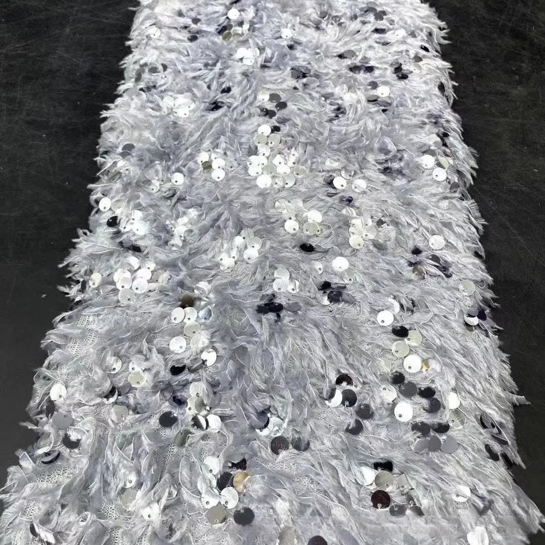 Tela de lentejuelas con base de plumas, tela con flecos de cuentas, tela de bordado de cuentas de felpa tridimensional