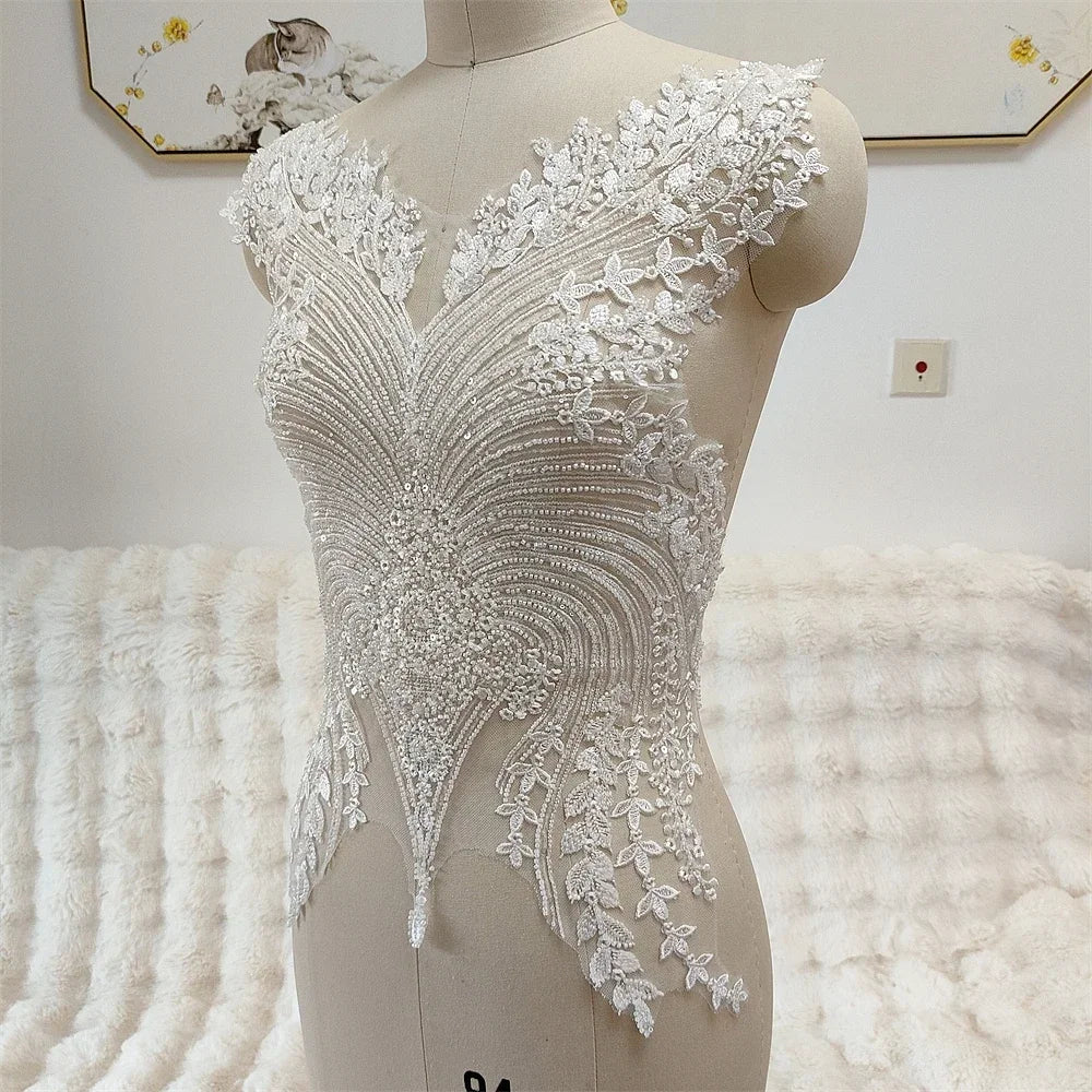 Tela de encaje con borde de flores y cuentas bordadas para vestido de novia, vestido de noche, cheongsam, ropa ahuecada, bricolaje, decoración de pecho hecha a mano