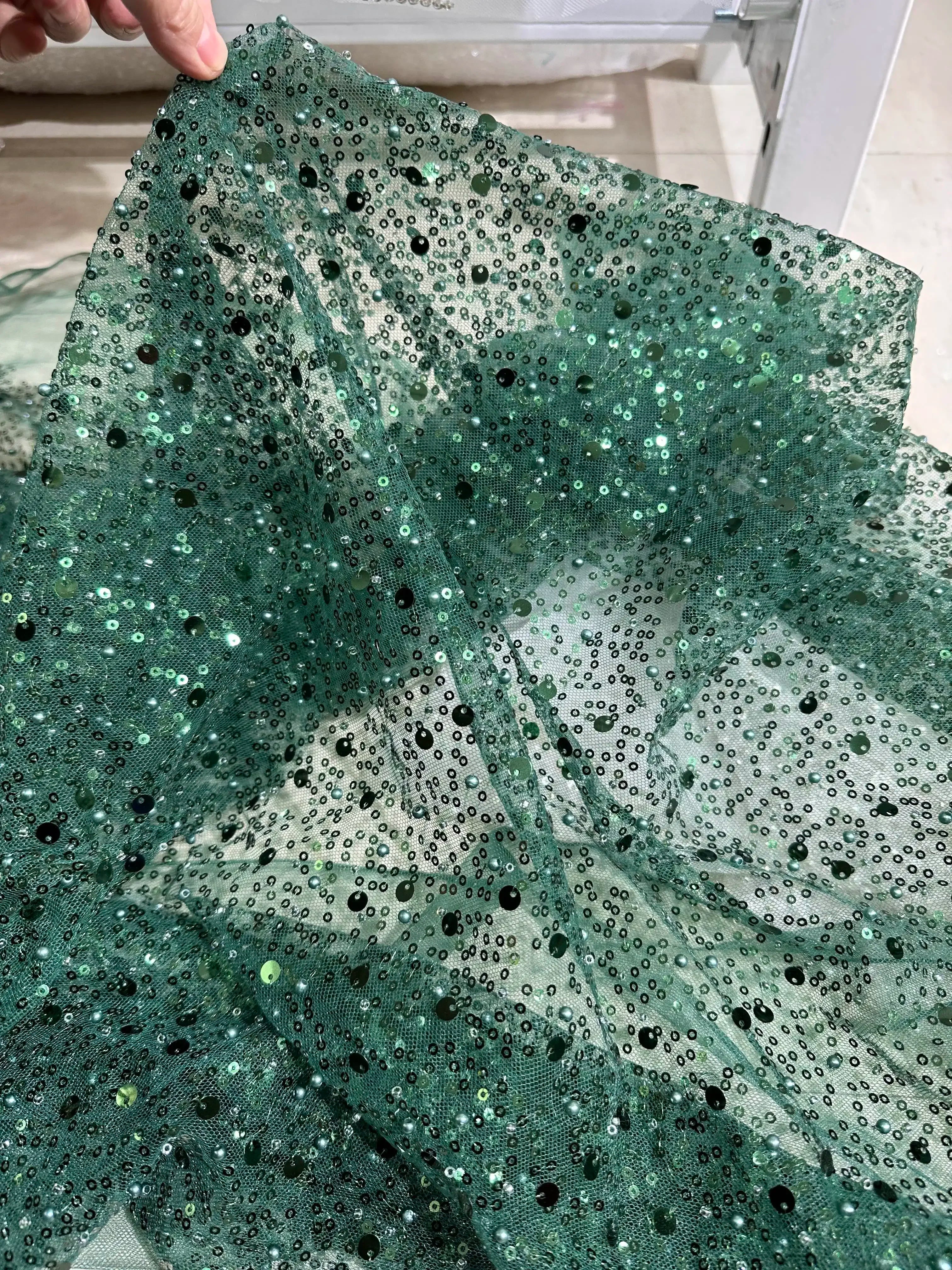 Gold Purple Red Embroidery Sequins Nail Bead Fabric Sewing Playing Dress Children's Clothing Transparent Mesh Fabric