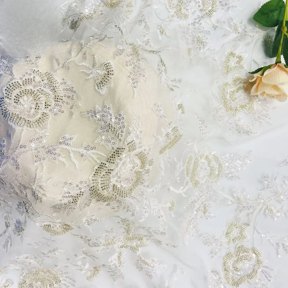 New Sequined Rose Bead Tube Embroidery Fabric, High-end Heavy Industry Multi-color Wedding Dress Bead Mesh Fabric Stoff Tessuto