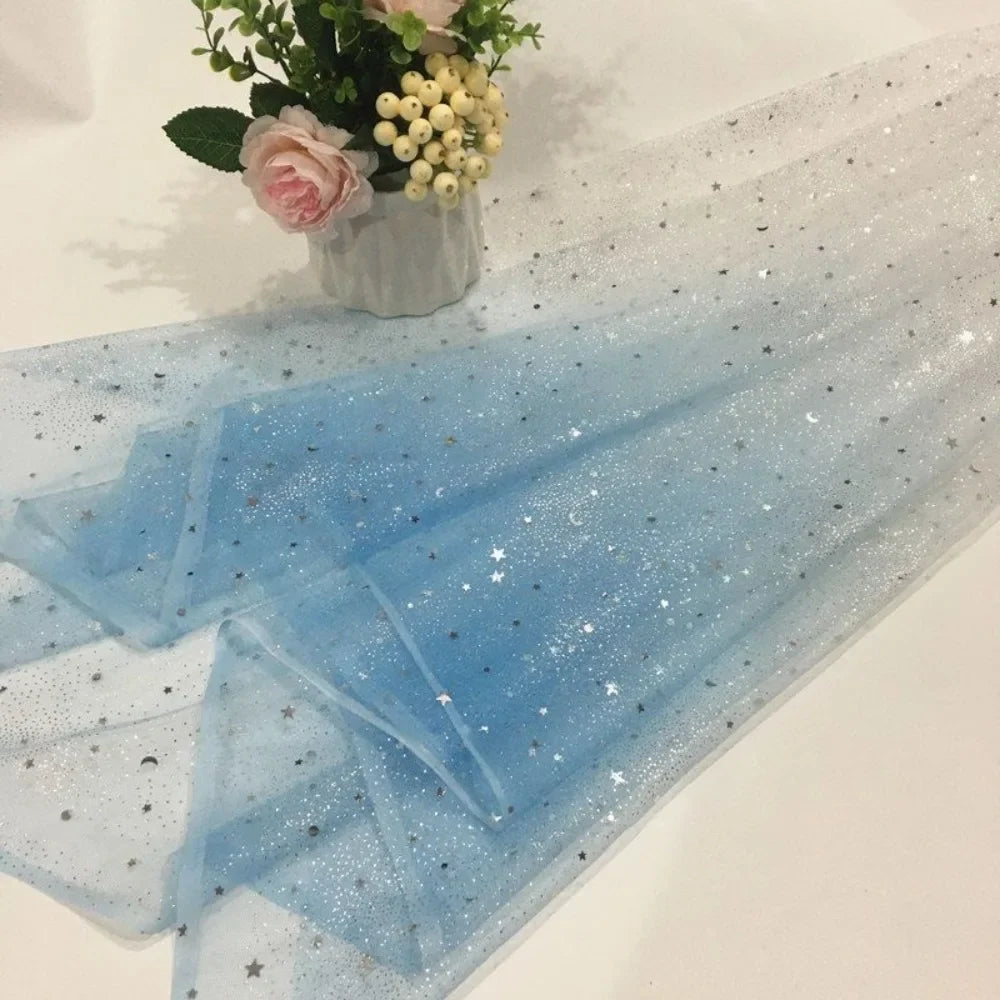 Gradient Star Moon Snowflake Gold Embroidered Netted Chiffon Fabric For Princess Dress Stage Costume Backdrop Window Decoration