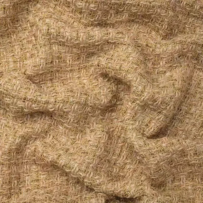 Tejido grueso de estilo pequeño con fragancia, rejilla de alambre dorado, tejido moderno de tweed elástico, tejido artesanal para ropa de mujer.