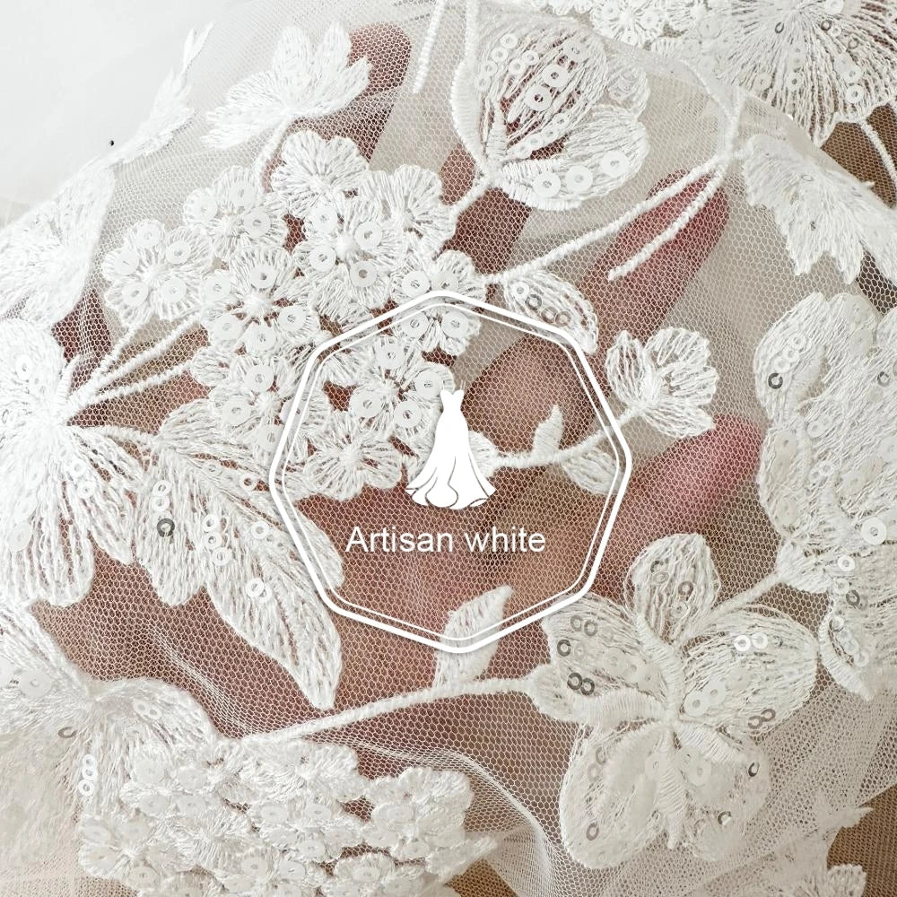 قماش دانتيل مطرز بخيوط قطنية من الترتر البيج مخصص، إكسسوارات دانتيل شبكية، فستان حجاب زفاف، اصنعها بنفسك