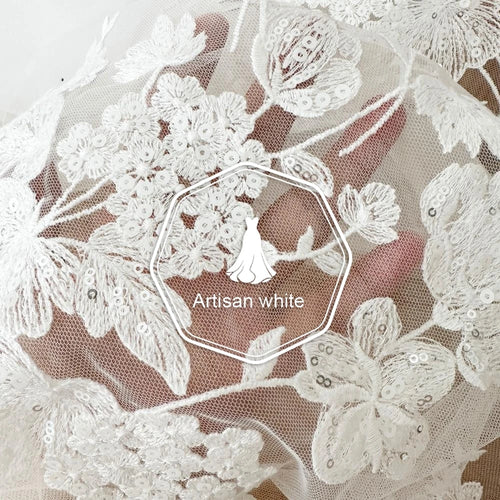 Beige Sequin Cotton Thread Embroidered Lace - Wedding Veil & Dress - fabric photo 2