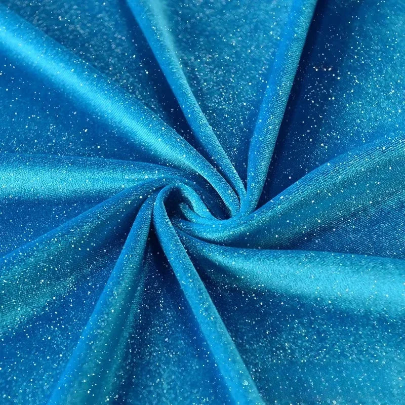 Lake Blue Four Sided Elastic Sparkling Gold Velvet Fabric - Luxurious Material 150cm