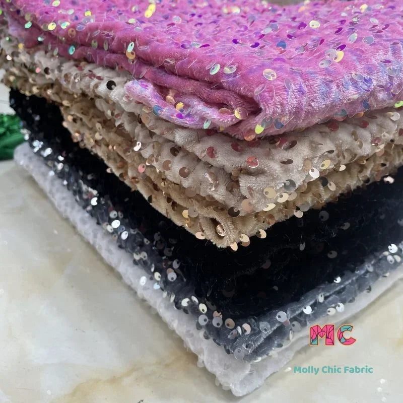 Tela elástica de terciopelo con lentejuelas y bordado tridimensional para costura de vestidos de noche y ropa.