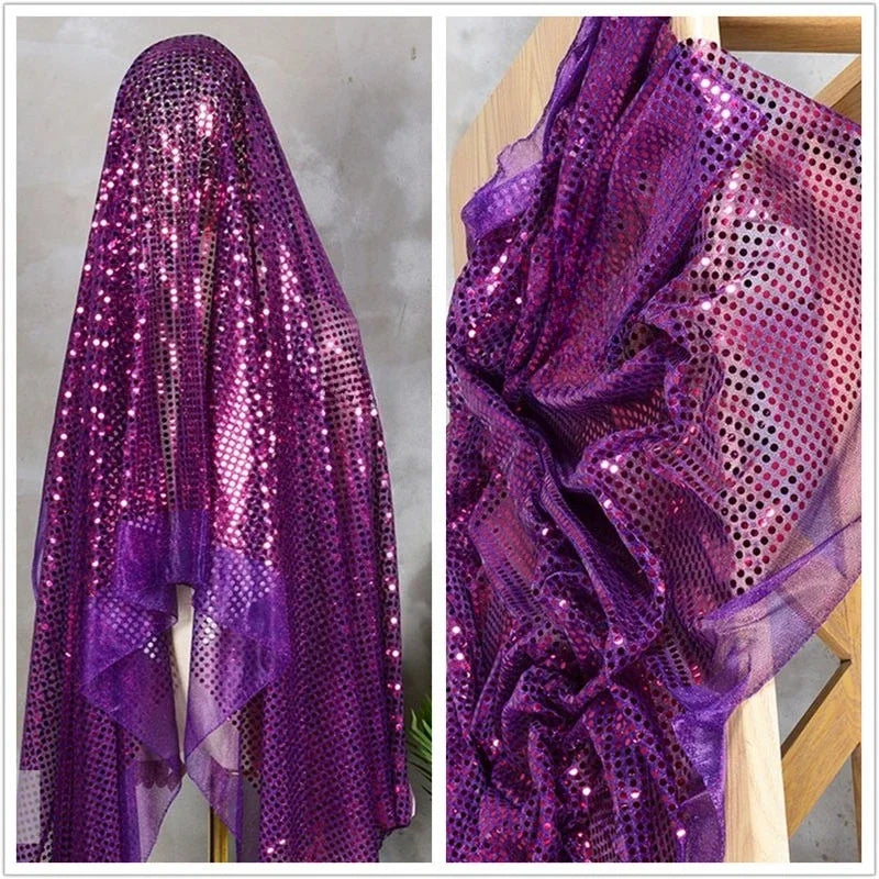 Purple  sequin gold embossed large glitter round bead net fabric for dance costume stage wear doll dress DIY decorative fabric