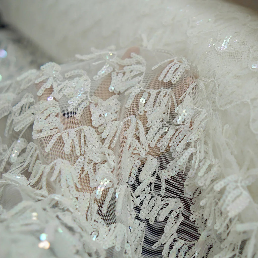 Tela de malla bordada con lentejuelas y hojas de vid de lujo - Red de encaje romántico