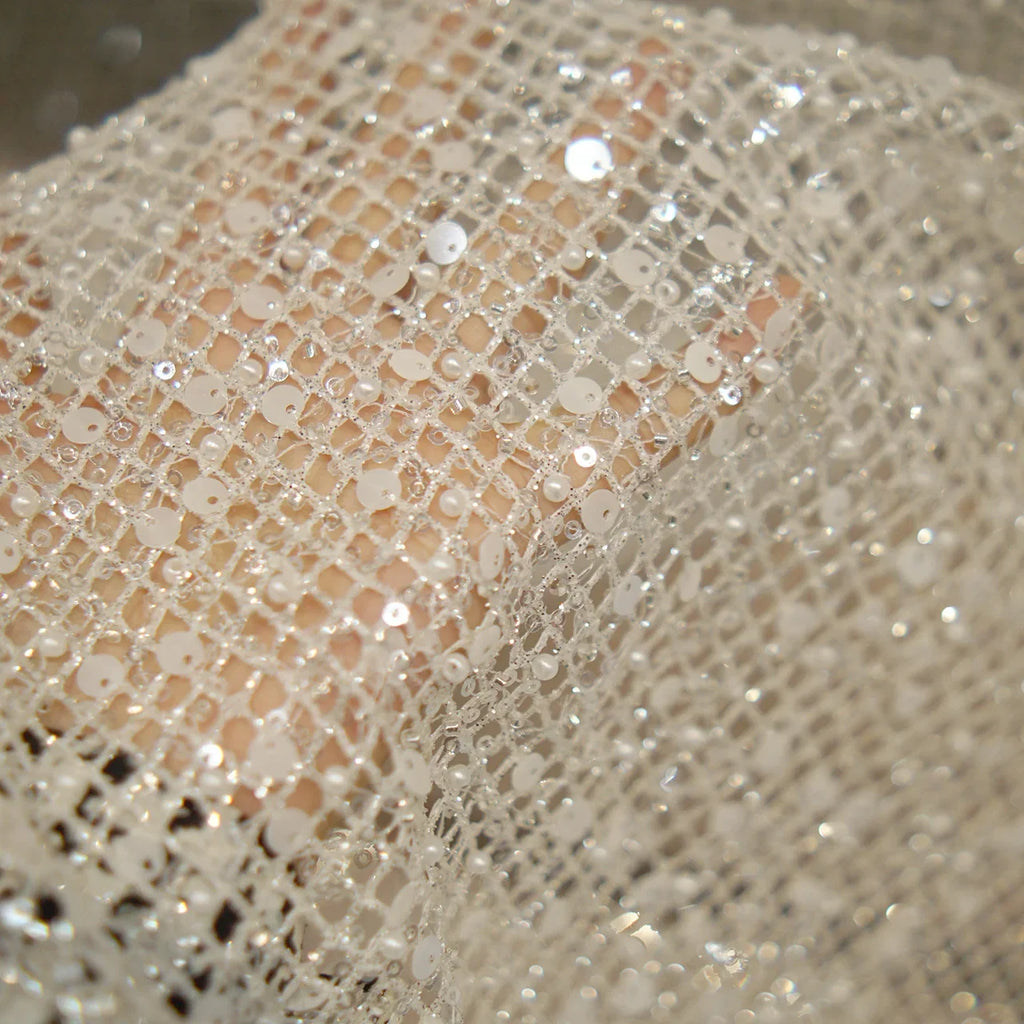 White Glitter Sequin Mesh Fabric for Bridal and Evening Gowns