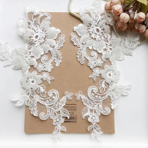 Beaded Lace Floral Patch Pair - Luxury for Wedding Dress & Headdress - fabric photo 1