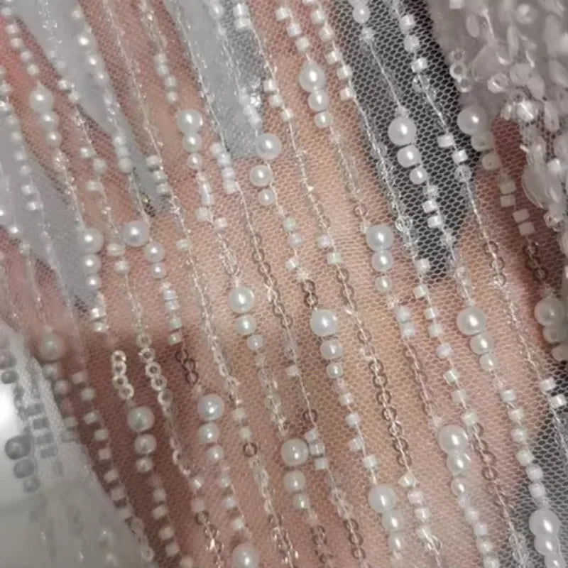 Striped Bead Sequin Embroidery Mesh - White Wedding Dress Fabric 130cm