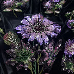 Tela de terciopelo floral con lentejuelas y cuentas de lujo - Bordado negro - Material de diseño - 130 cm