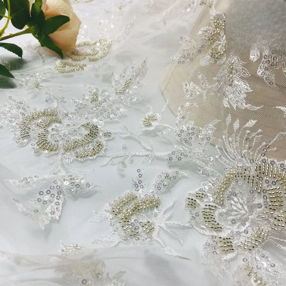 New Sequined Rose Bead Tube Embroidery Fabric, High-end Heavy Industry Multi-color Wedding Dress Bead Mesh Fabric Stoff Tessuto