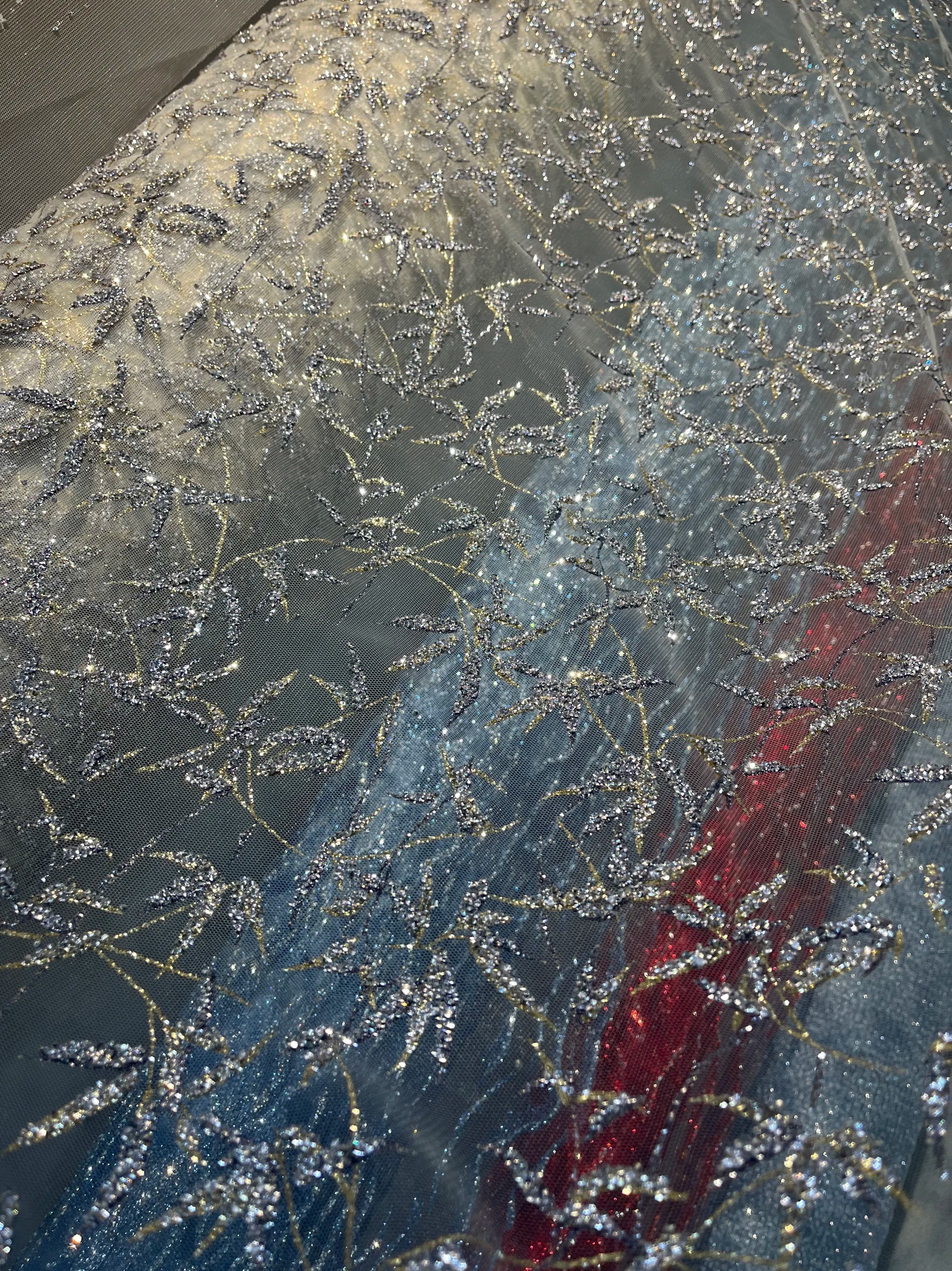 High Density Iridescent Black Bright White Champagne Gold Tree Branch Hot Stamping Sequin Mesh Fabric Mesh Dress Fabric