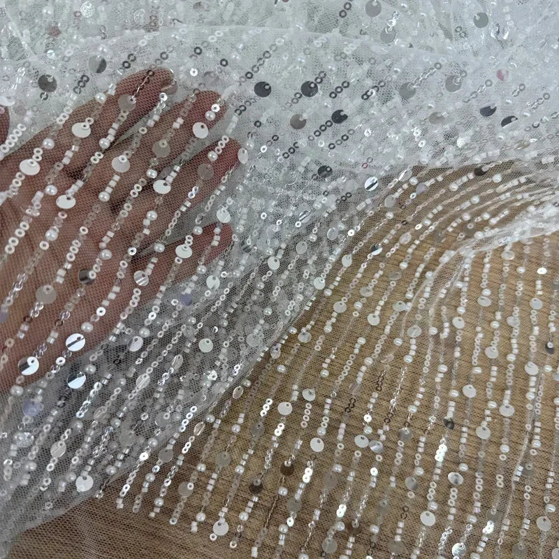 Simple Sequins Pearls Vertical Stripes Lace Embroidery Transparent Mesh Fabric Sewing Wedding Dress Evening Gown Fabric