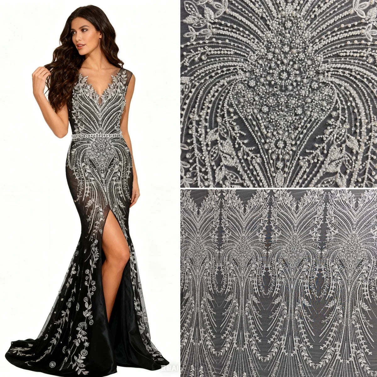 قماش دانتيل مطرز بالخرز والترتر الشبكي الفاخر، فساتين زفاف، فساتين سهرة، إكسسوارات مصممة