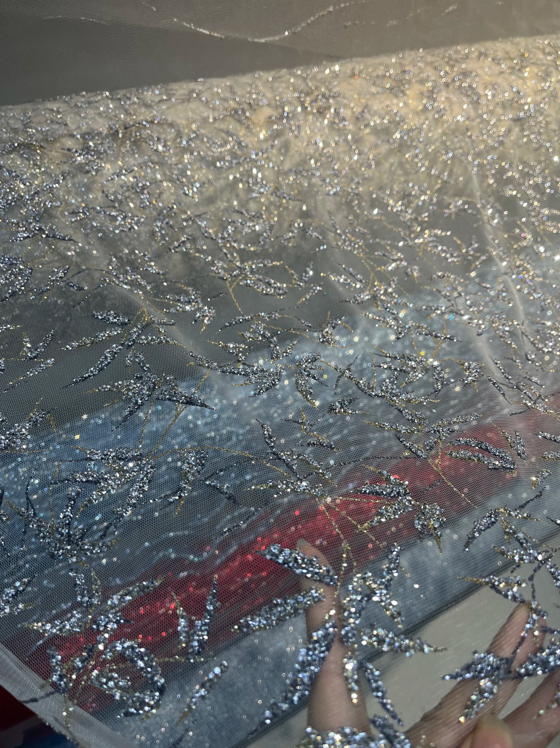 High Density Iridescent Black Bright White Champagne Gold Tree Branch Hot Stamping Sequin Mesh Fabric Mesh Dress Fabric