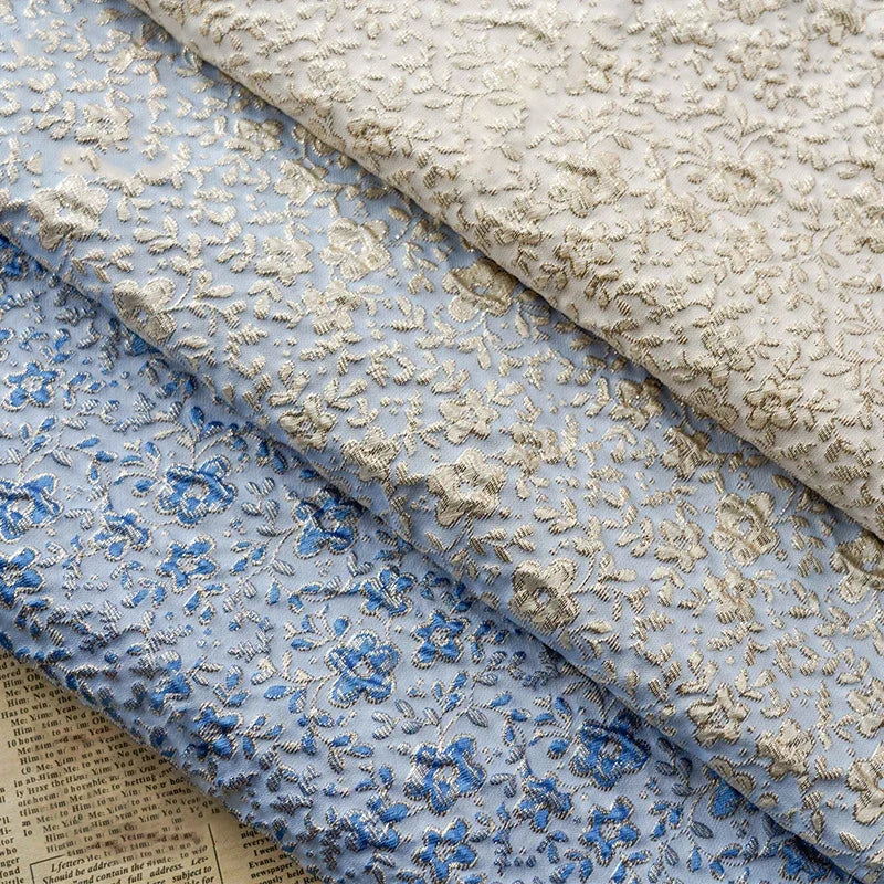 قماش جاكار زهري منقوش بخيوط ذهبية وفضية - فاخر ثلاثي الأبعاد، 140 سم