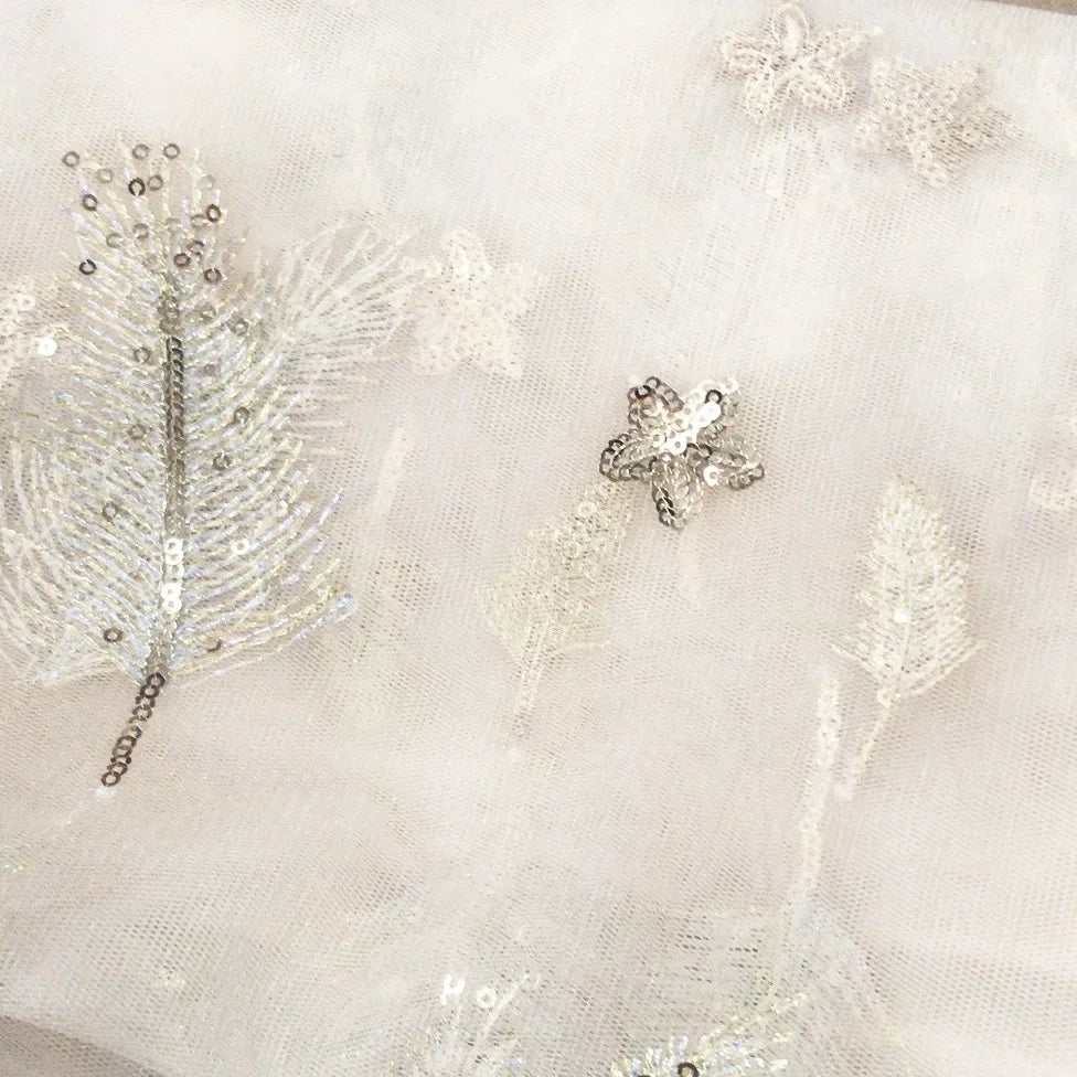 Bead Embroidered Flower Cloth In Stock, Long Spike Champagne Gold Feather Light Childr Gauze Skirt, Lace Mesh Embroidered Fabric