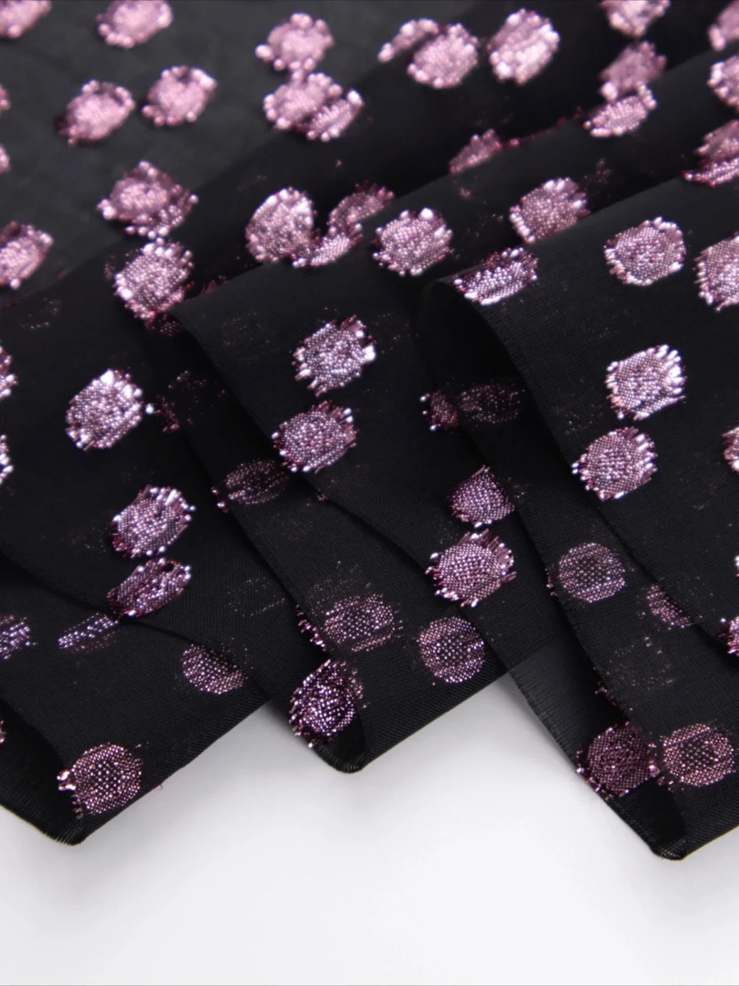 Purple Red Wavelet Embroidery Semi Transparent Black Chiffon Fabric - Designer Material 140cm