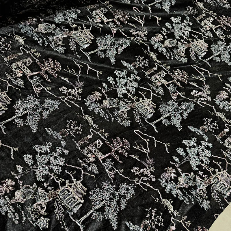 فستان رسمي فاخر من قماش مخملي مطرز بالخرز باللون الأسود والنبيذ الأحمر الفاخر، قماش مخملي ذهبي مطرز