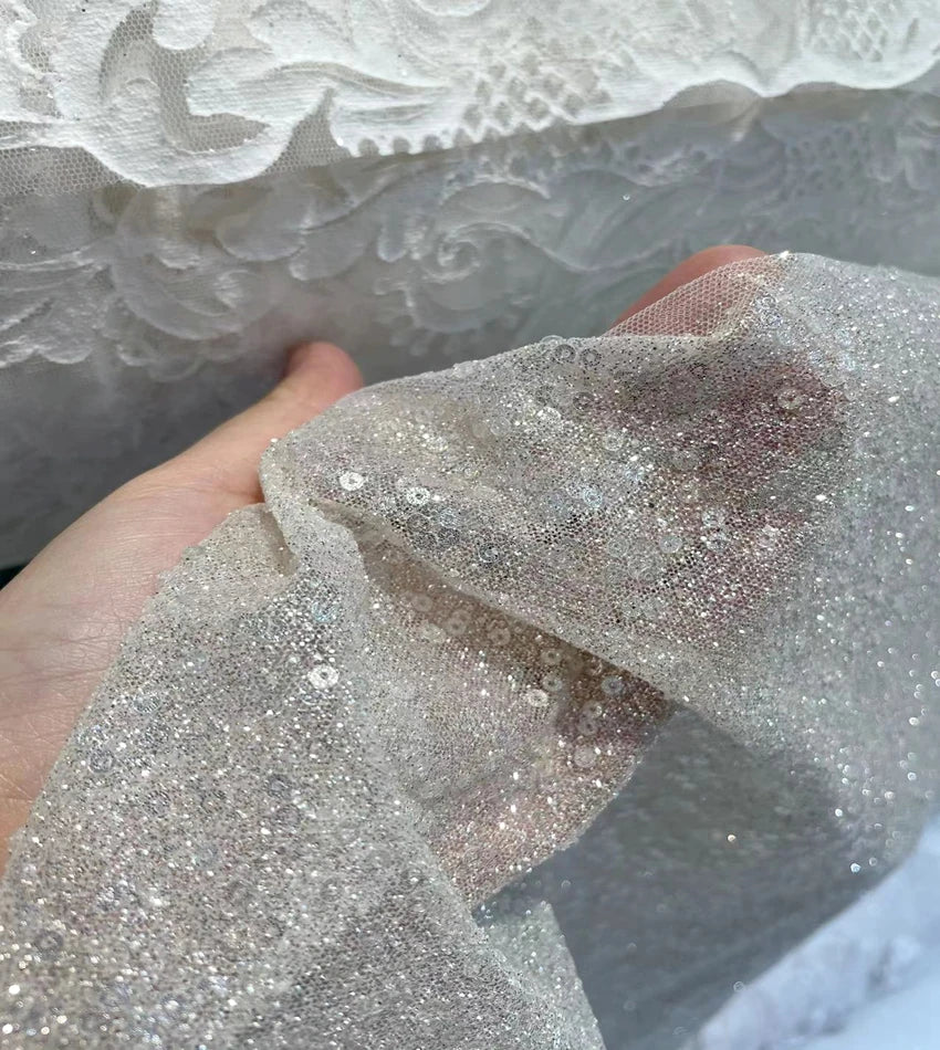 Secret White Glitter Shiny Hot Stamping Silver Spray Fabric Mesh Wedding Dress Fabric Handmade DIY Material