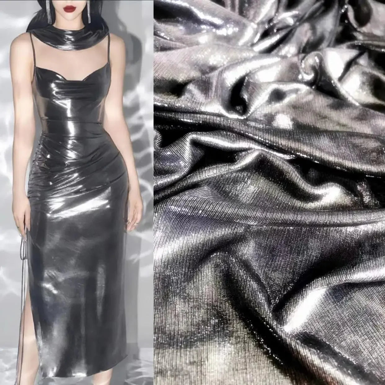 Mirror Silver Shiny Knitted Liquid Metal Texture Fabric - Water Gloss 150cm - fabric photo 5