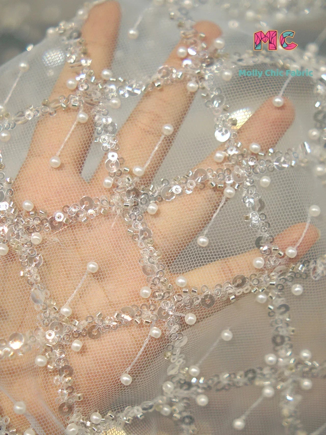 New Crystal Sequins Small Pearls Embroidered Lace Fabric Sewn Wedding Dresses Evening Gowns DIY Fabrics For Sewing