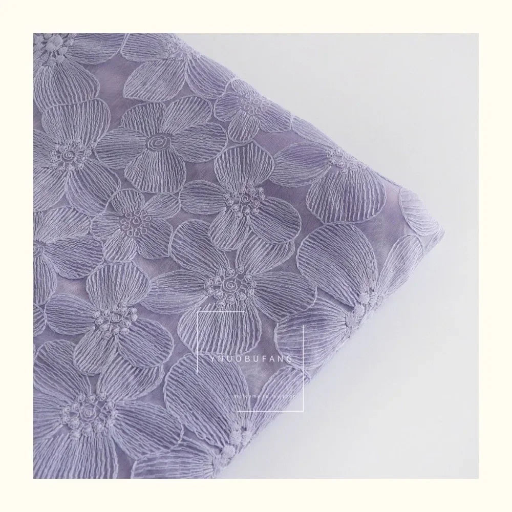 Pure Cotton Mesh Embroidered Fabric With Violet Chrysanthemum Design For Kids Dress Soft Cotton Yarn Material DIY Sewing Craft