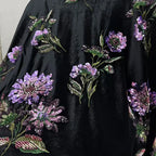 Tela de terciopelo floral con lentejuelas y cuentas de lujo - Bordado negro - Material de diseño - 130 cm