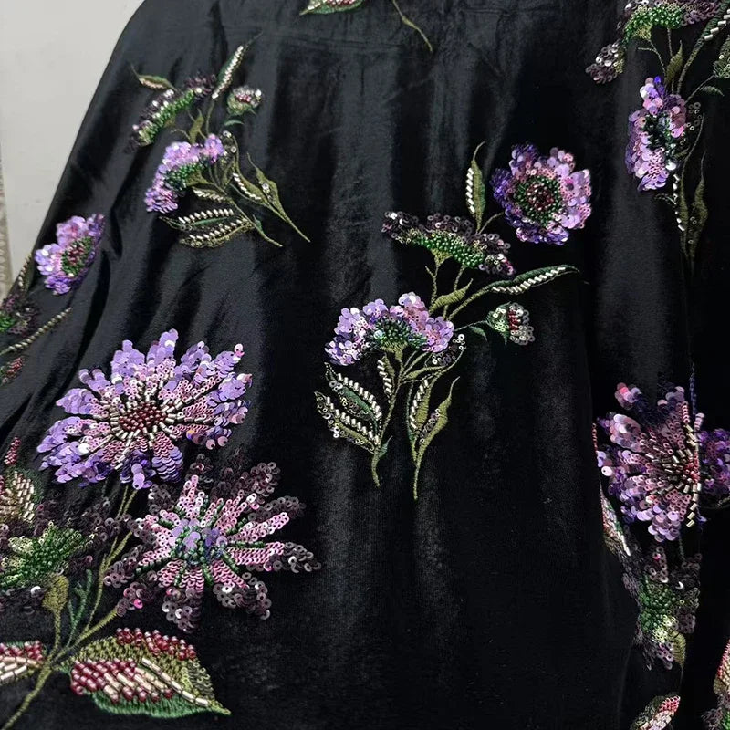 Luxury Beaded Velvet Sequin Floral Velvet Fabric - Black Embroidered Designer Material 130cm