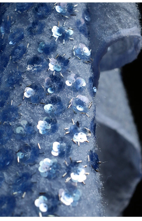 Blue Plush Glitter Bead Sequin Embroidery Fabric - Stage Costume Material - fabric photo 1