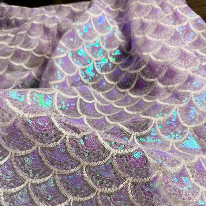 Mermaid Fish Scale Sequin Lace Mesh Fabric - Iridescent Holographic